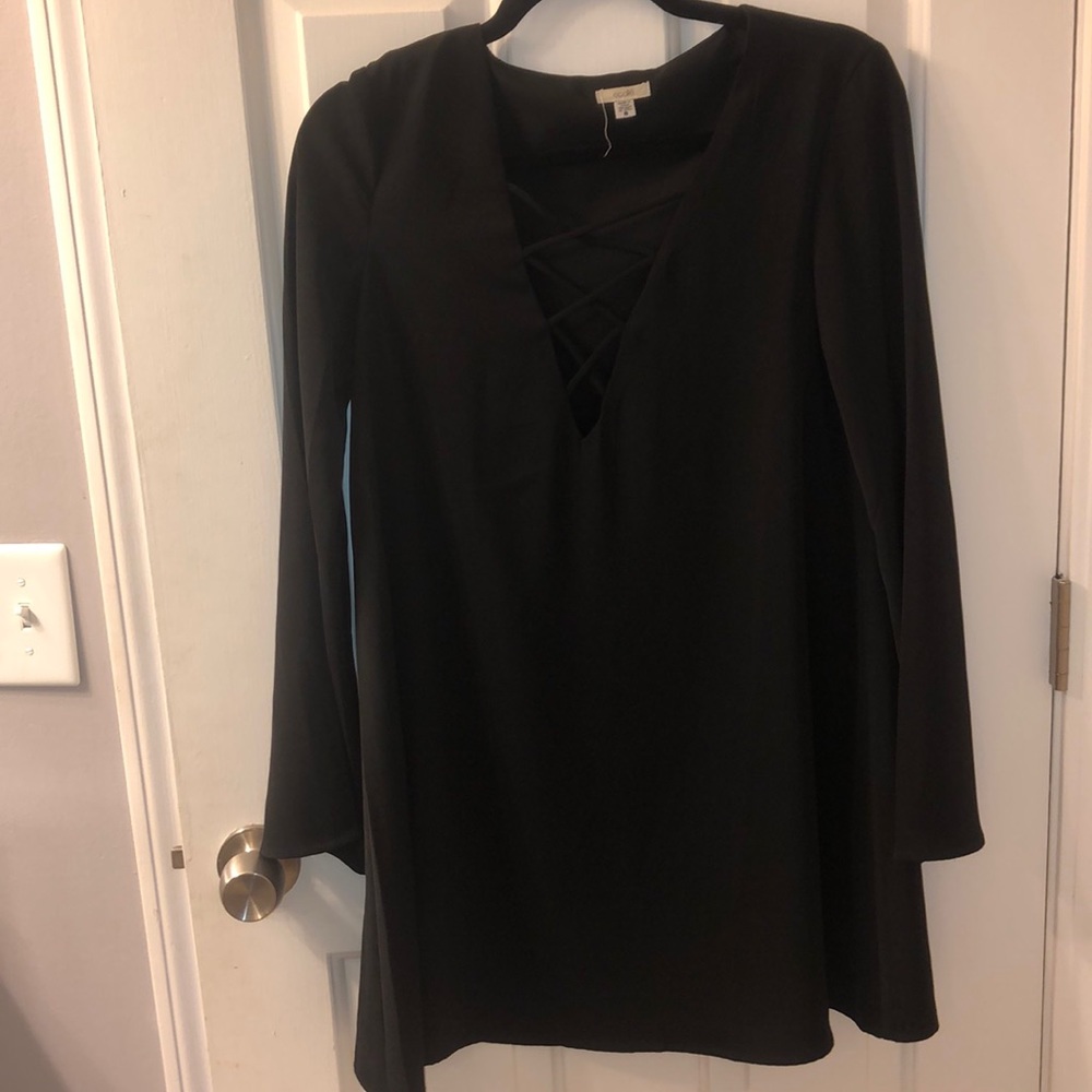 Black Bell Sleeve Crisscross Neck Dress